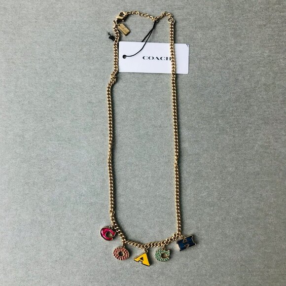 COACH Signature Gold-Tone/ Multicolor Embellished Logo Necklace w Jewelry bag - Picture 2 of 10